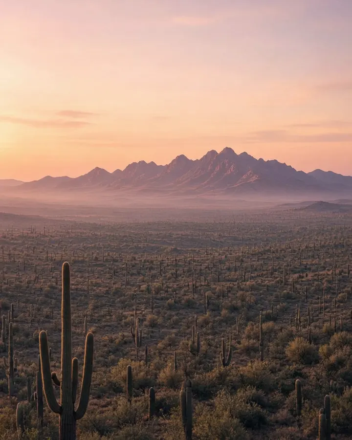 Illustration of the Arizona desert at sunrise, with saguaro cacti and mountains