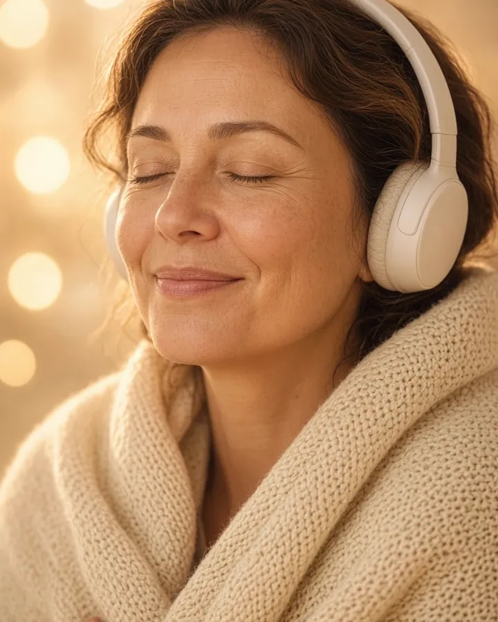 Illustration of a calm woman with closed eyes, wrapped in a cream blanket and wearing headphones